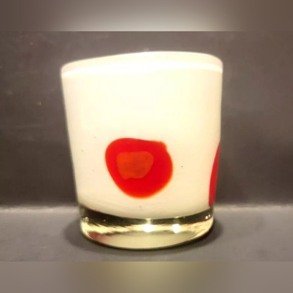 Handblown White Cased Glass 4" Votive w/ Abstract Red &Orange Dots Vintage